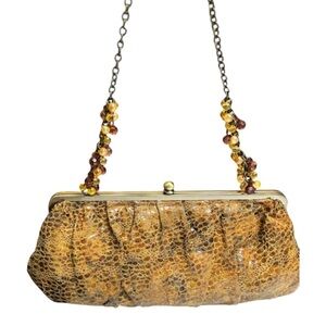 Emma Rose Brown Faux Snake Skin Handbag Top Lock Beaded Chain Strap Clutch Bag